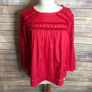 Ann Taylor Red Fringe Eyelet Long Sleeve Blouse